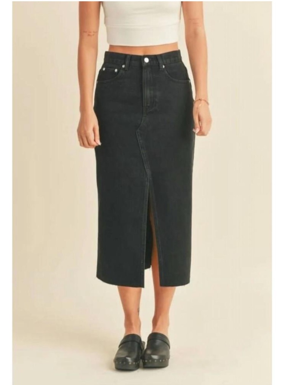 Miou Muse Denim Midi Skirt Front Slit Raw Hem Washed Black Western Boho Bohemian